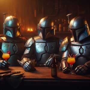 32 Star Wars Intoxicating Cantina Drinks, Canon and more! 2 32 Star Wars Intoxicating Cantina Drinks, Canon and more! 3 mandalorians, with vere damaged armors of different color classic metals sit in a cantina bar drinking cocktails in sorrow